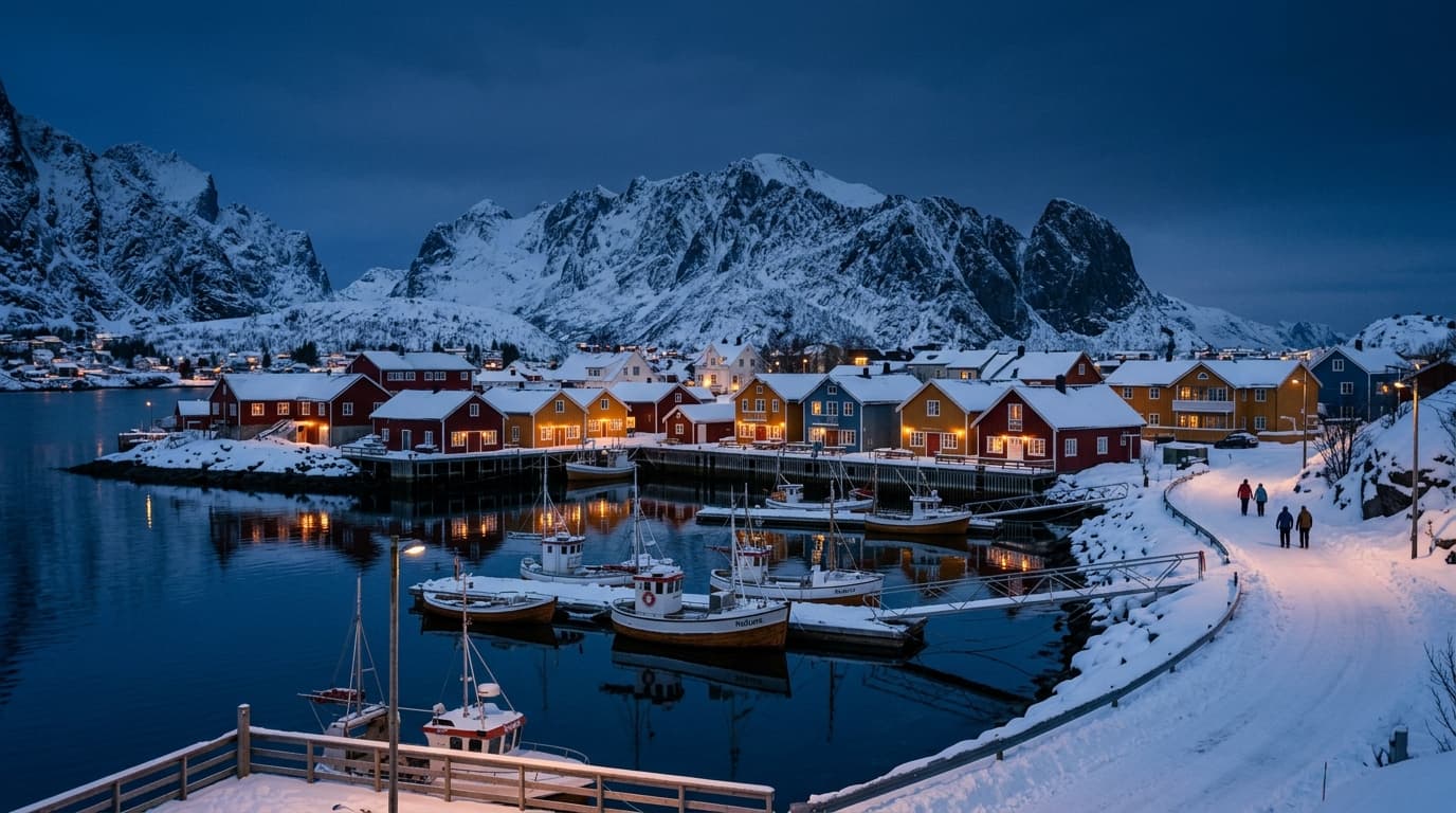 Norsk kystby med fargerike trehus og snødekte fjell i blåtimen