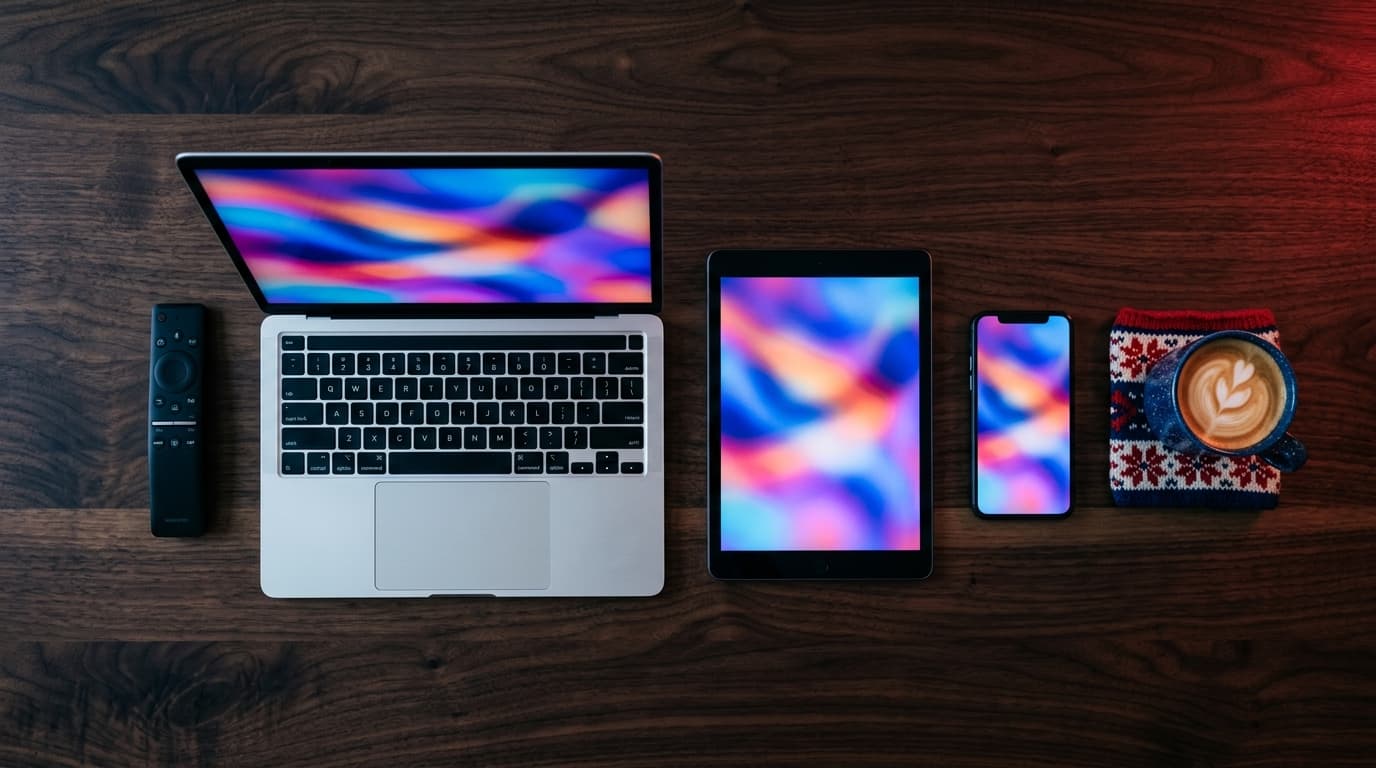 IPTV Norge på bærbar PC, nettbrett og mobil, med TV-fjernkontroll på et trebord