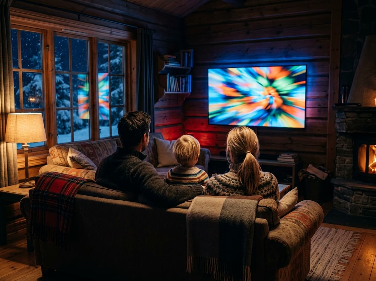 Familie ser på IPTV Norge sammen i en hytte en vinterkveld