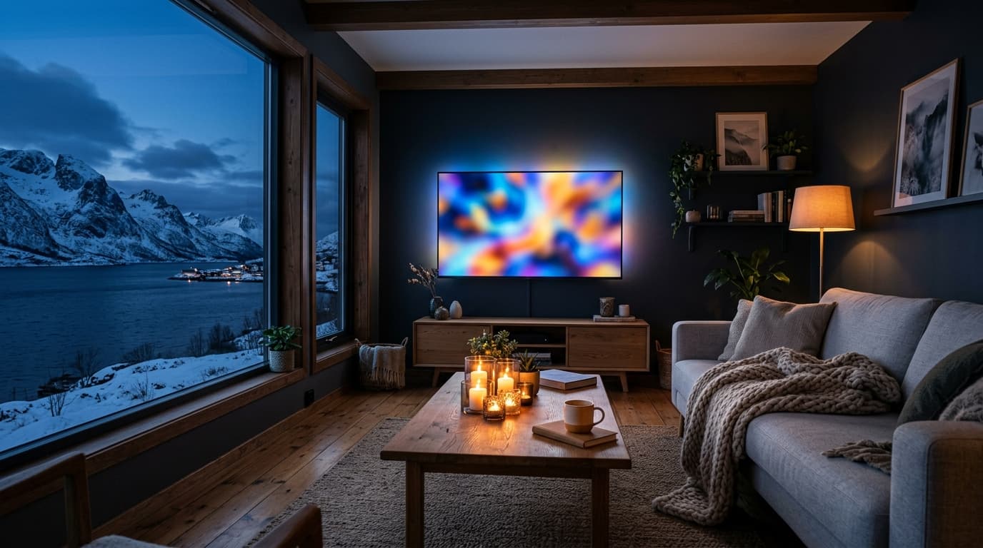 Koselig stue med utsikt over en norsk fjord, der IPTV Norge vises på en stor Smart TV