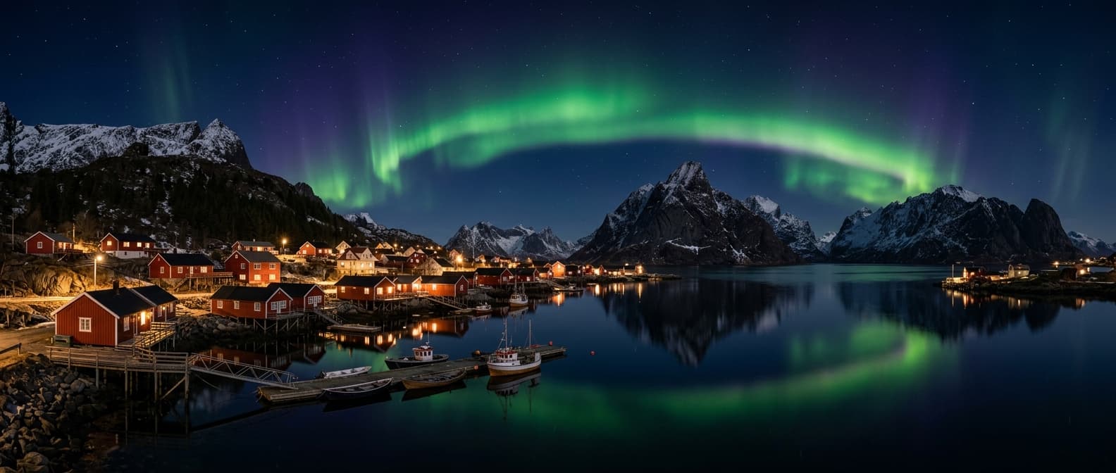 Nordlys over en fiskevær med røde rorbuer i Nord-Norge
