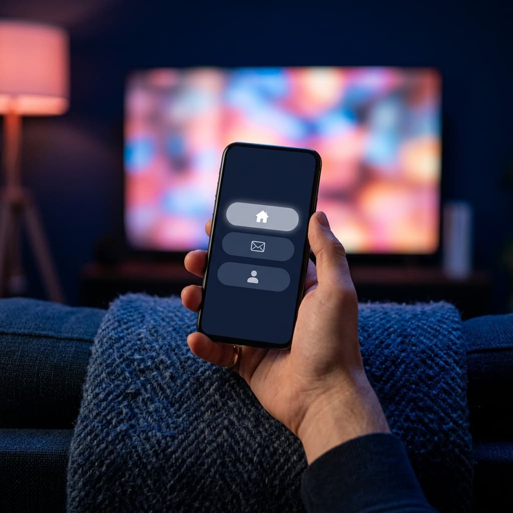 Hånd som holder en mobil med en IPTV-app foran en TV – kom i gang med IPTV Norge