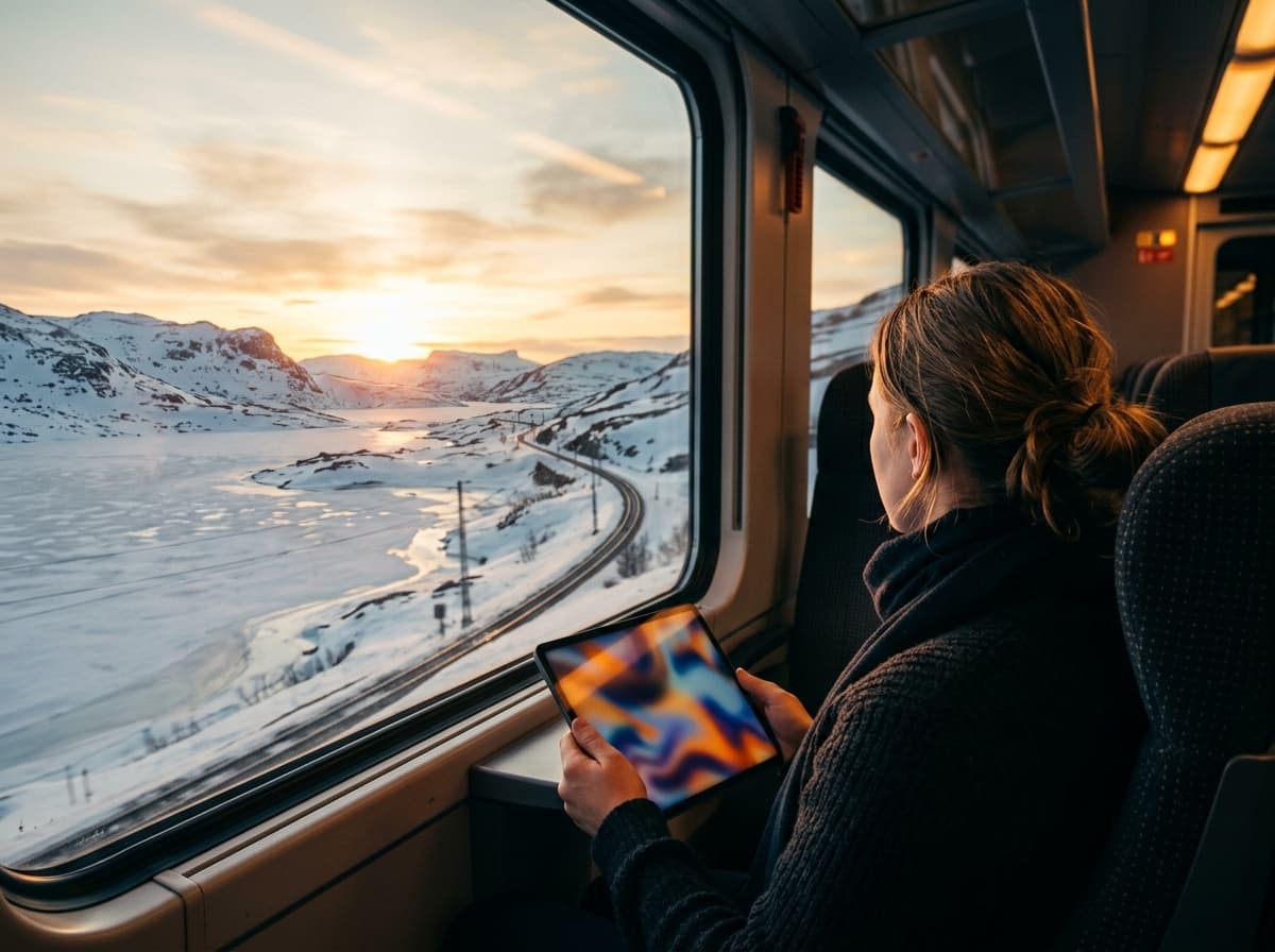 Passasjer ser på IPTV Norge på nettbrett på toget gjennom snødekte norske fjell